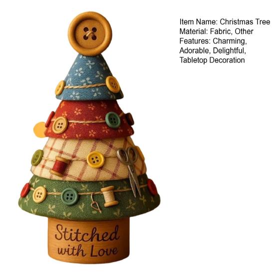 Fabric Christmas Tree Figurine Handmade Multi-Layer Xmas Tree Ornament with Buttons Scissors And Star Topper Holiday DIY Patchwork Craft for