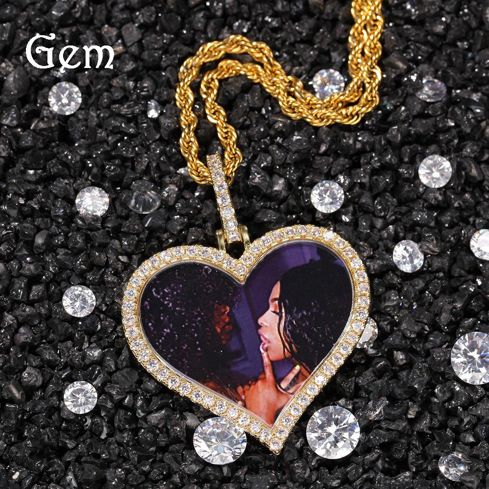 HIPHOP Heart Pendant Necklace Inlaid with Zirconia - Copper DIY Creative Jewelry Custom Gold Heart Pendant + 24-inch Rope Chain