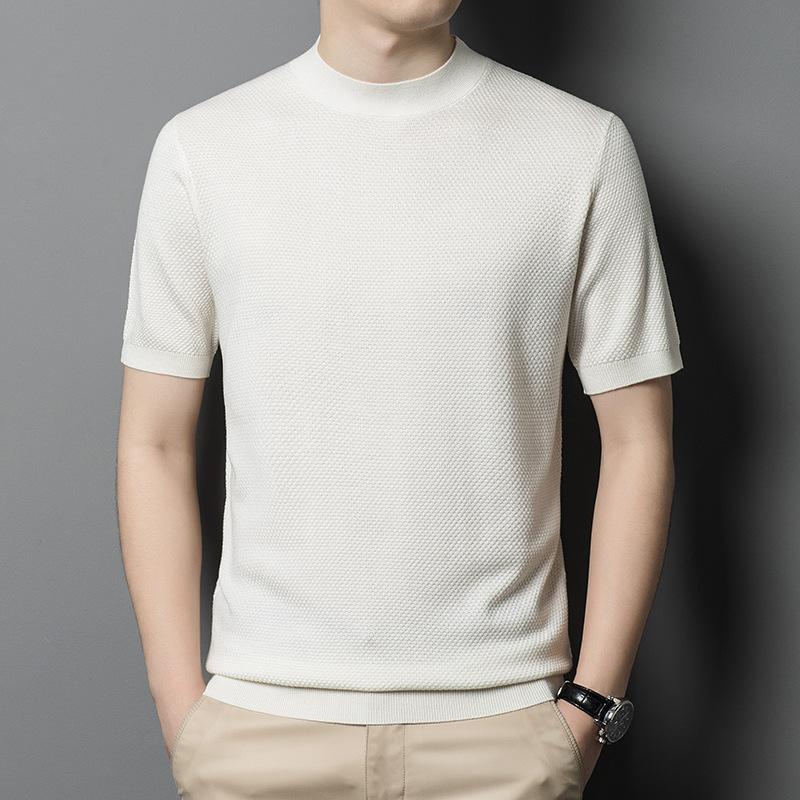 Men's Semi-turtleneck Short-sleeved Sweater Solid Color Casual Knitwear Trend Middle-aged Thin Woolen Pullover Base