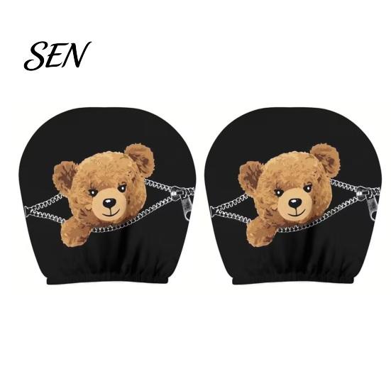 Cartoon Graphic Headrest Protectors Zipper Bear Car Cover, 2D Flat Print Cute Seat Humorous Accessories Protector, Universal Breathable Auto Interior