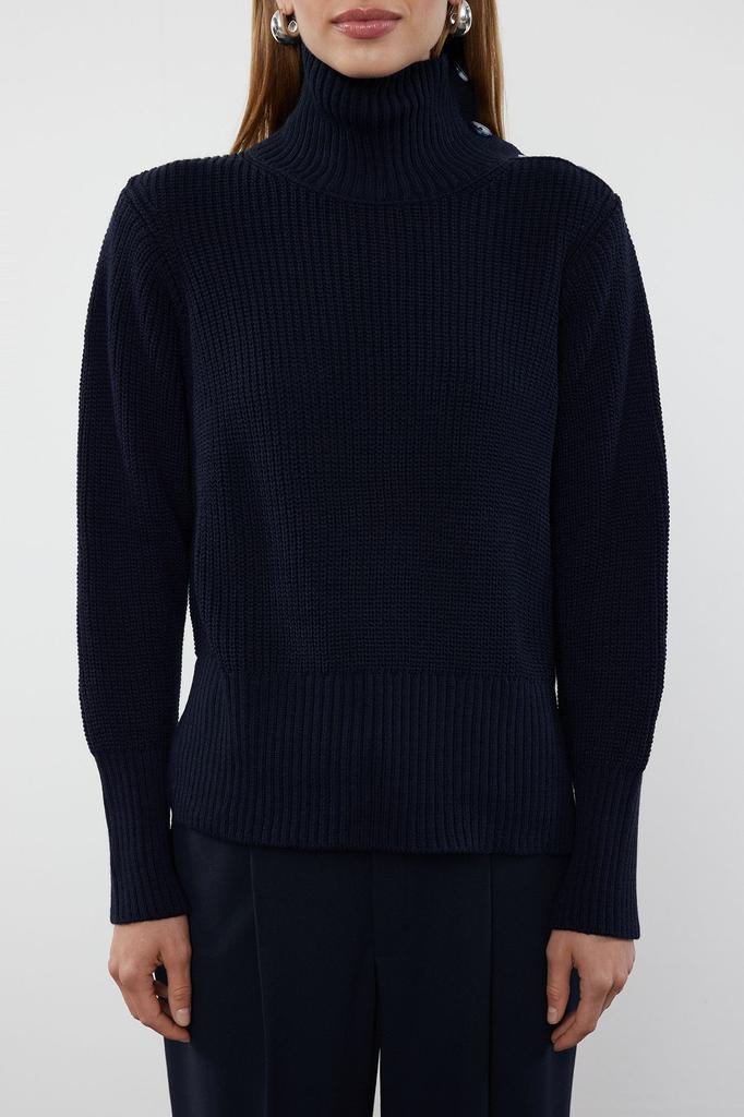 Women's Fashionable Stylish Sweater Navy Blue Collar Button Detailed Knitwear Sweater