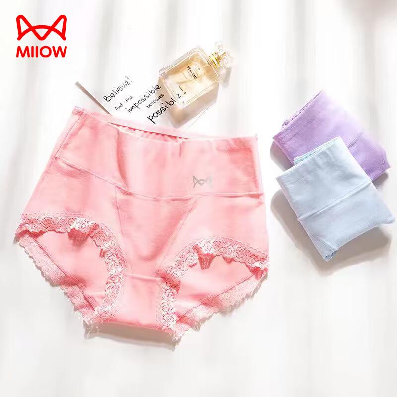 MaoRen Women's High-Waist Cotton Lace Tummy Control Briefs 3-Pack