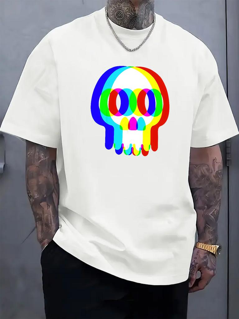 Unisex O Neck Tee Rainbow Dripping Skull Print Cotton Short Sleeve Loose Summer Street Breathable Daily Casual Basic Wear Top