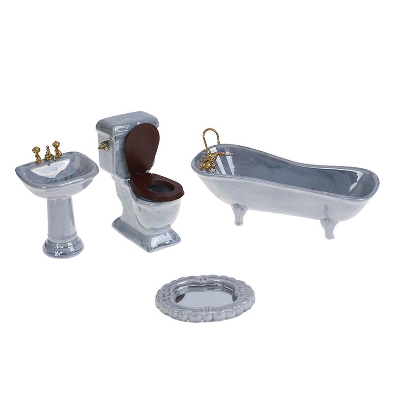 1:12 Dollhouse Miniature Furniture Scene Mini Bathroon Set Model Toy Shower Bathtub Basin Flush Toilet Pretend Play Doll Houses