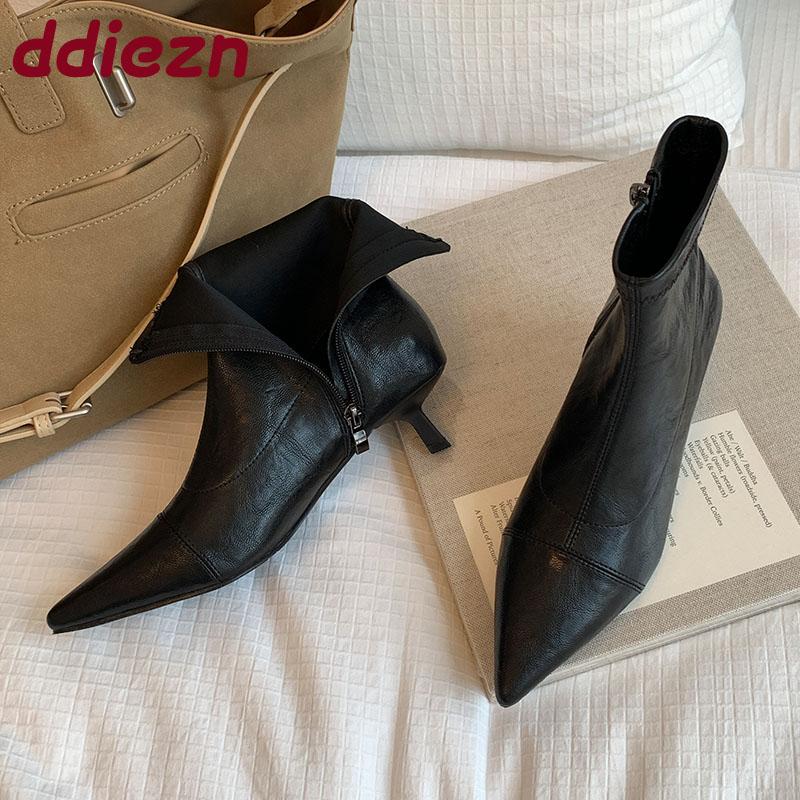 Mode Damen Niedrigabsatzschuhe Damen Knöchel Stretch Stiefel Reißverschlüsse Mode Spitzschuh Damen Kurz Moderne Stiefel Pumps Schuhe