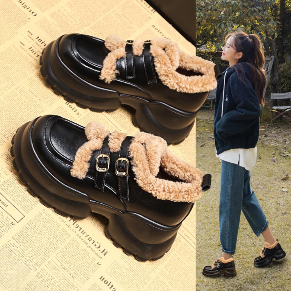 Fashion 8cm Thick-soled Loafers Women's Winter Plus Fleece Warm 2024 New All-match Inner Height-raising Small Leather Shoes