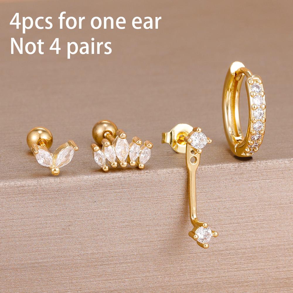 4-teiliges Set Huggie Hoop Ohrringe aus Edelstahl für Damen, Goldfarbe, Einzigartige Zirkonia Blume Ohrstecker Piercing Schmuck