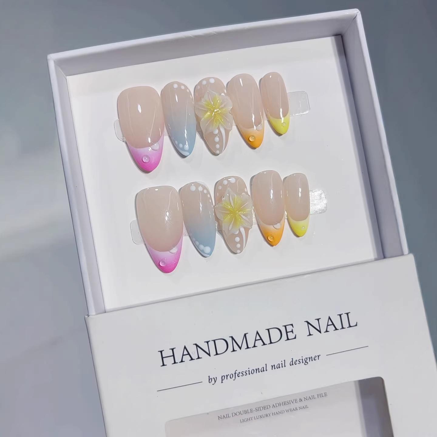 New Summer Almond Nail Patch 3D Flower Light Luxury Gradient Wearable Nails Pure Handmade Nail Stickers