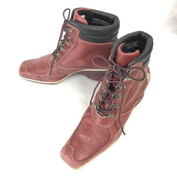 

Timberland Leather Lace-Up Short Boots 7 24 Red High Heel Shoes(USED)