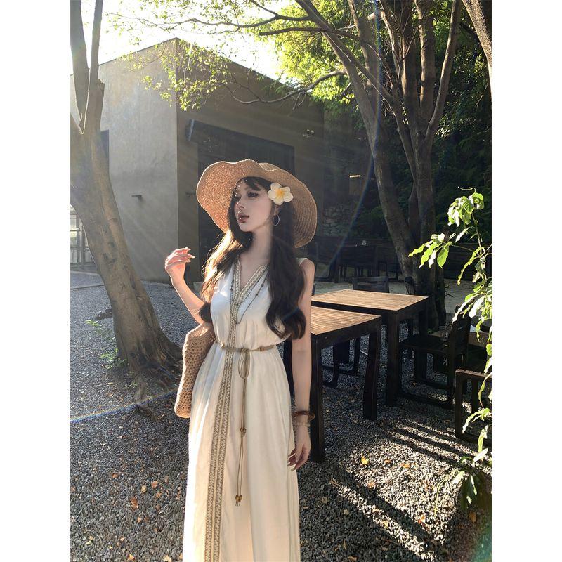 Kumikumi Holiday Style White V-neck Vest Dress Women Summer Temperament Drape Slimming Large Swing Skirt Long Dress