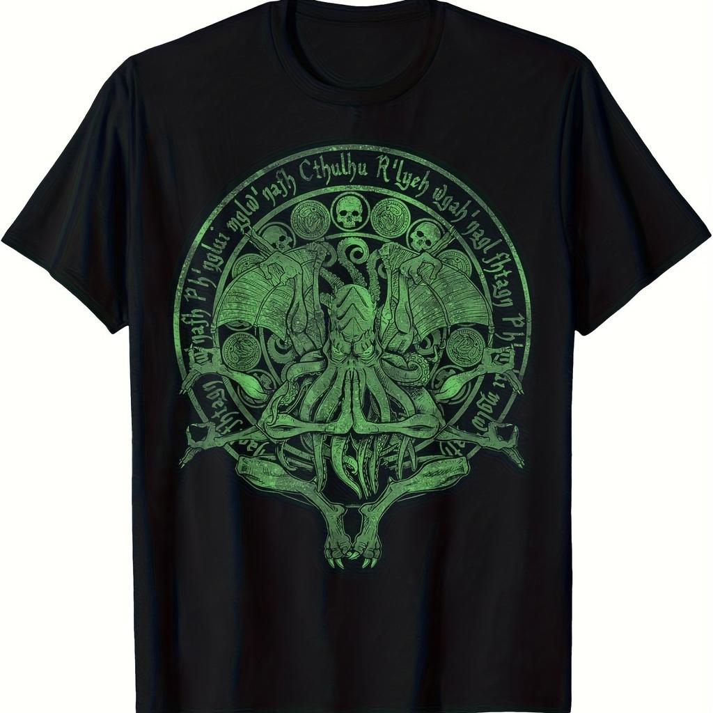 Unisexs Cthulhu Lovecraft Tshirt Green Necronomicon Rune Cthulhu Idol Design with Raccoon Skull Print Fit Cotton Crew Neck Tee