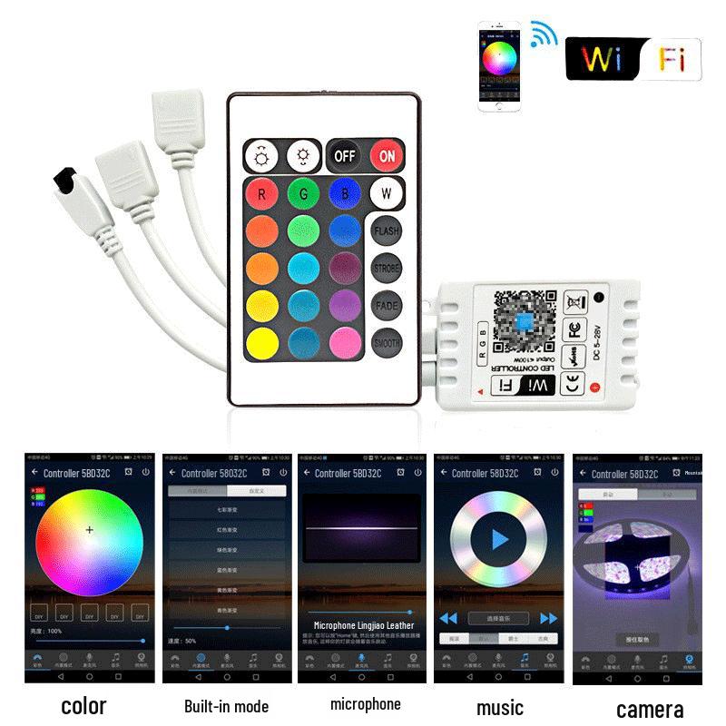 24-Tasten WiFi RGB LED Strip Controller mit IR-Fernbedienung & Smartphone-App-Kompatibilität