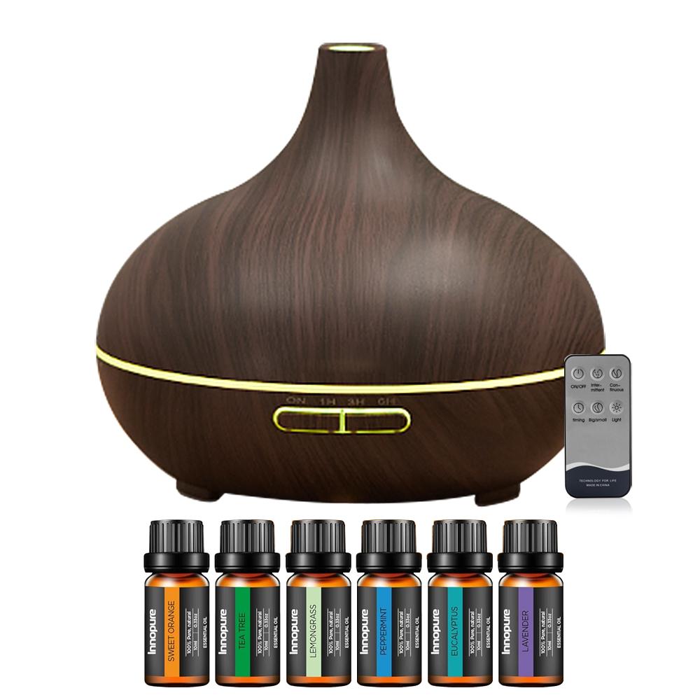 

Dark Wood Grain Aromatherapy Diffuser & 6 Essential Oils Set 550ml Ultrasonic Cool Mist Humidifier with 4 Timers 7 Colors Lights 550ml