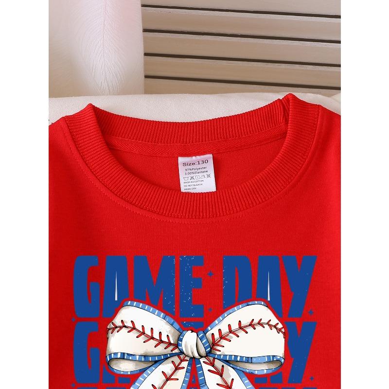 European sizes Kids' Casual Sweatshirt Printed Round Neck Pullover, Game Day Baseball Bow Cheer, Casual Comfortable