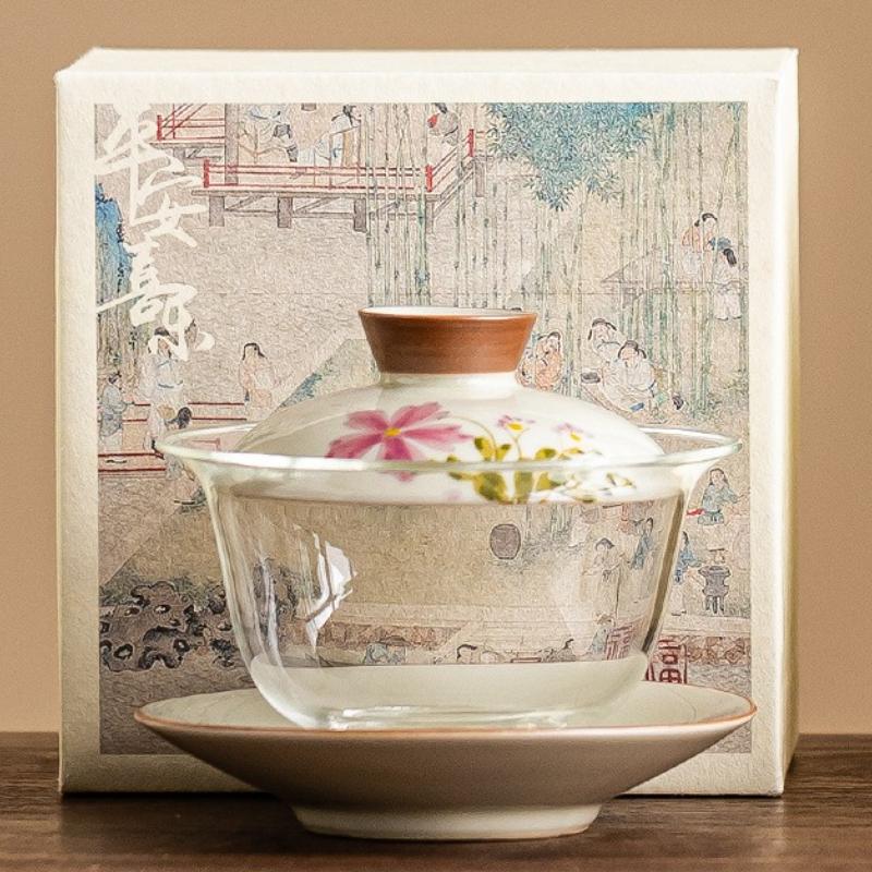 Hand-painted Daisy Gaiwan Sancai Glass Tea Tureen Ceramic Covered Bowl Chinese Kung Fu Tea Set Household Teaware Teacup with Lid