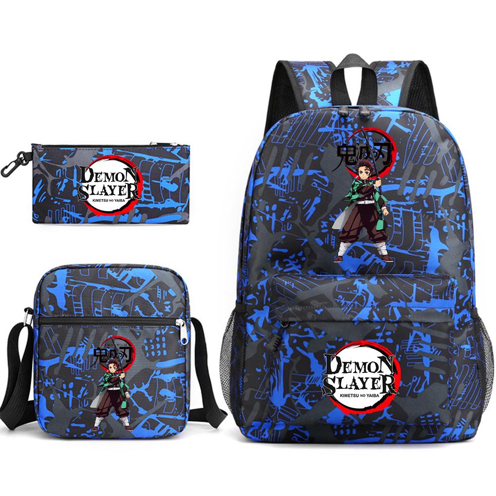3Pcs/set Anime Printed Demon Slayer Backpack with Shoulder Bag Pencil Case for Teen Student Boy Girl Large Capacity Waterproof Bookbag Travel Bag