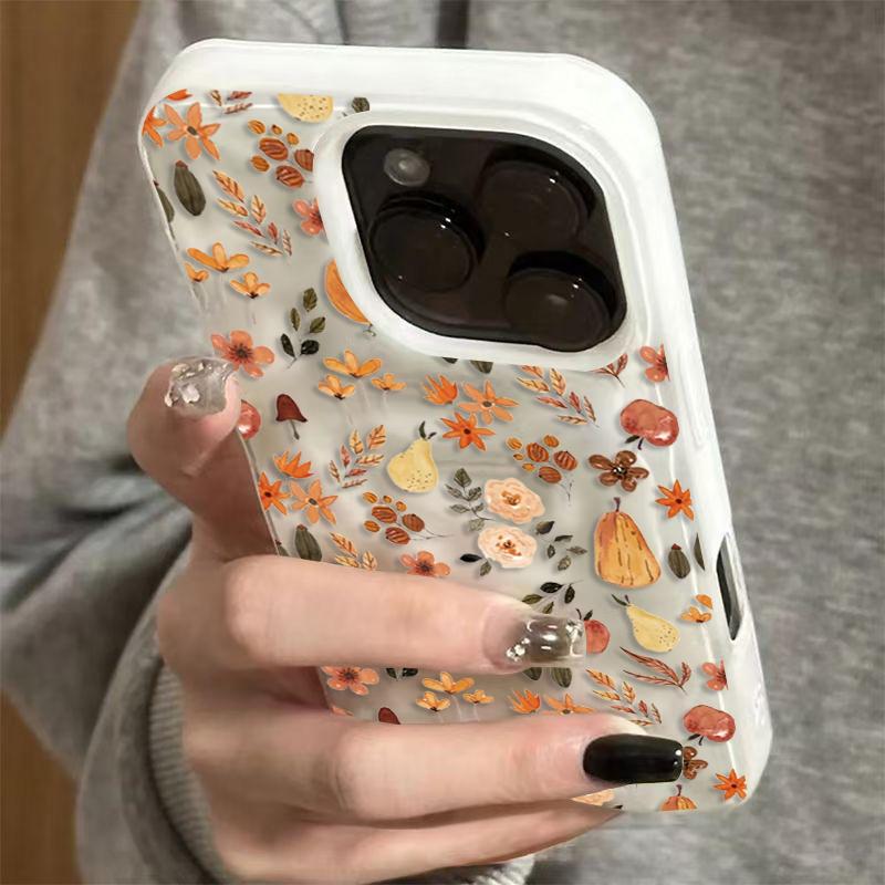 Custodia per Telefono con Texture Piegata e Motivi Floreali e Vegetali Autunnali per iPhone 16 15 14 17 Air 12 13 Pro Max 16 Plus Cover Morbida