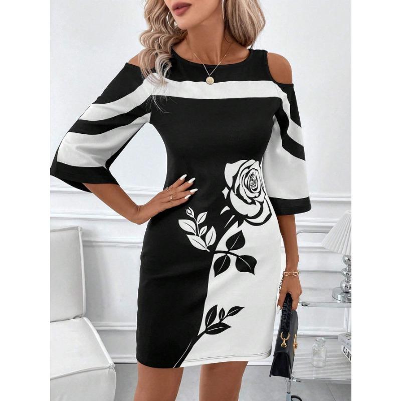 EastRogue Women's Fashion Summer Spring Flower Pattern Print 1/2 Sleeves O-Neck High Waist Casual Dresses