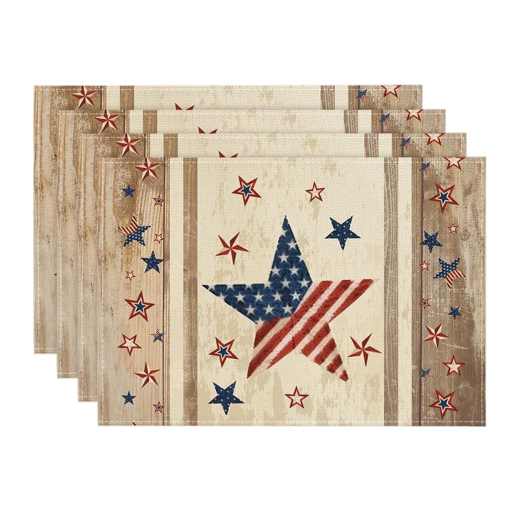 Wood Stars Strip-Shaped Patriotic 4th of July Placemats Set of 4,12x18 Inch Memorial Day Seasonal Spring Table Mats