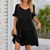 Women's Casual Fashion Summer V-Neck Dresses Solid Color Short Sleeve Pleated Dresses