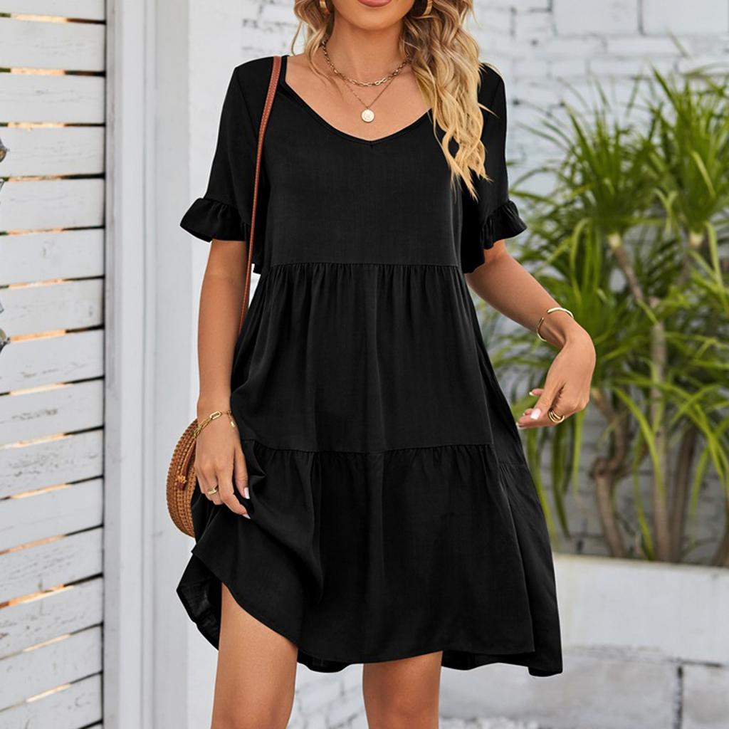Women's Casual Fashion Summer V-Neck Dresses Solid Color Short Sleeve Pleated Dresses
