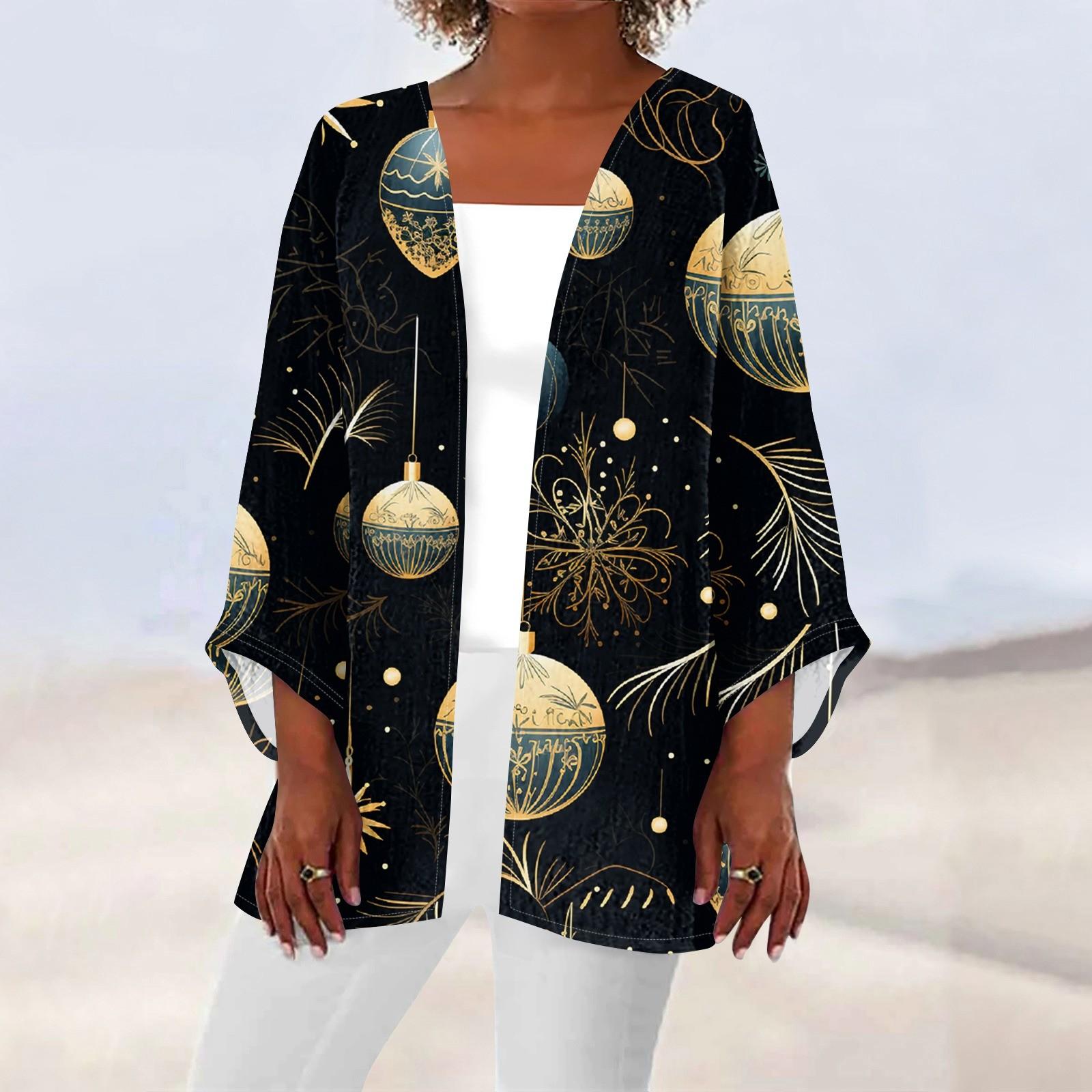 

Жіночий повсякденний модний різдвяний принт, легкий жакет середньої довжини, кардиган M Темно-синій