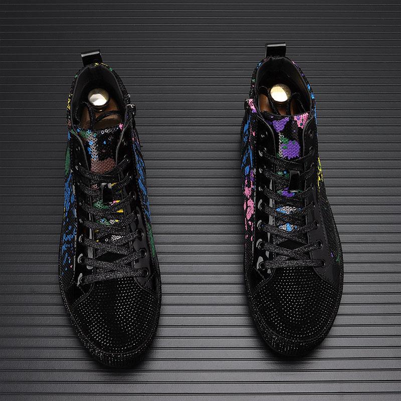 New Luxury Designer Men High Tops Rhinestone Platform Shoes Causal Flats Moccasins Rock Punk Walking Sneakers Tenis Masculino