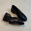 Cowhide Version~ Loafers Women's Genuine Leather Retro British Style Round Head Rivet Folds One Pedal Thick Heel Small Leather Shoes Women