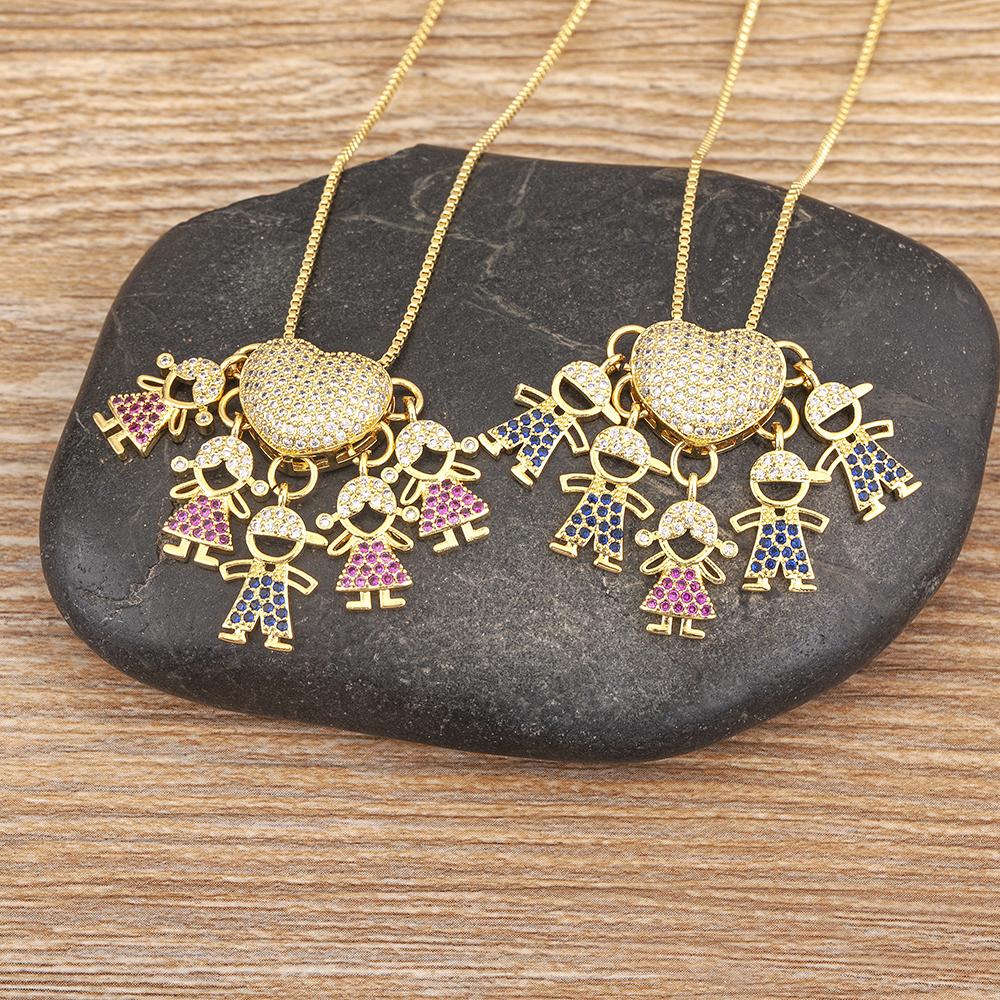 Nidin Personalized Gold Plated Boy Girl Kids Heart Pendant Zircon Necklace Mom Child Birthday Colar Mother's Day Gift Jewelry
