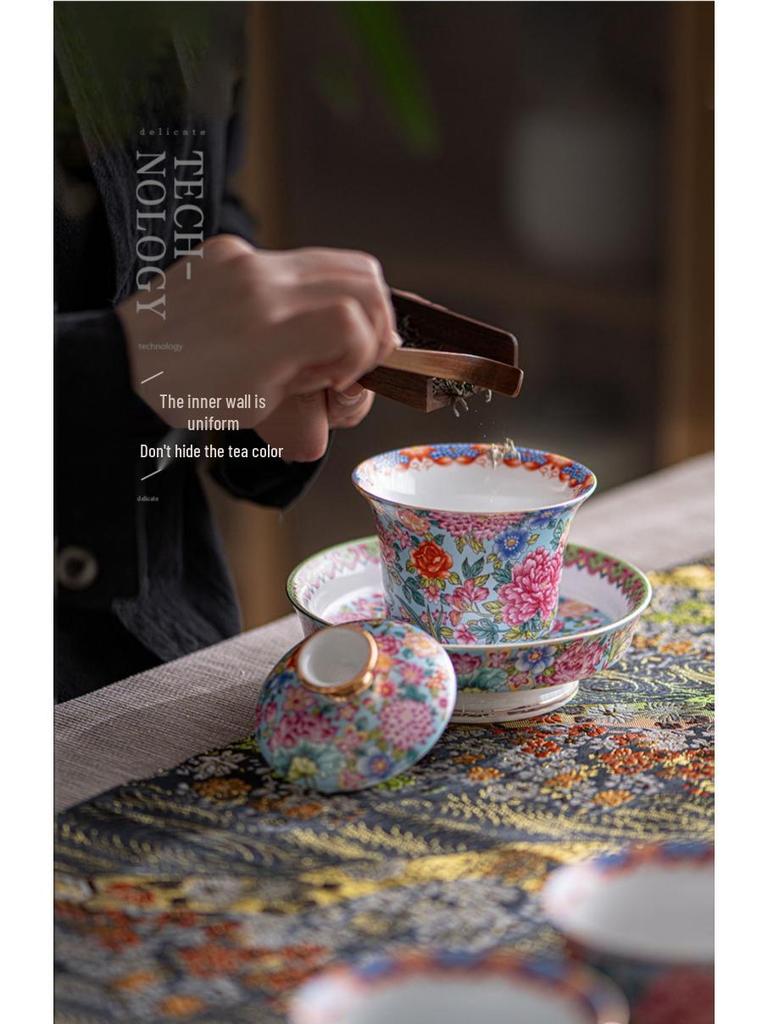 Gaiwan Enamel Overglaze Sancai Bowl Set - National Tide Kung Fu Tea Brewing Cup, Light Luxury Style