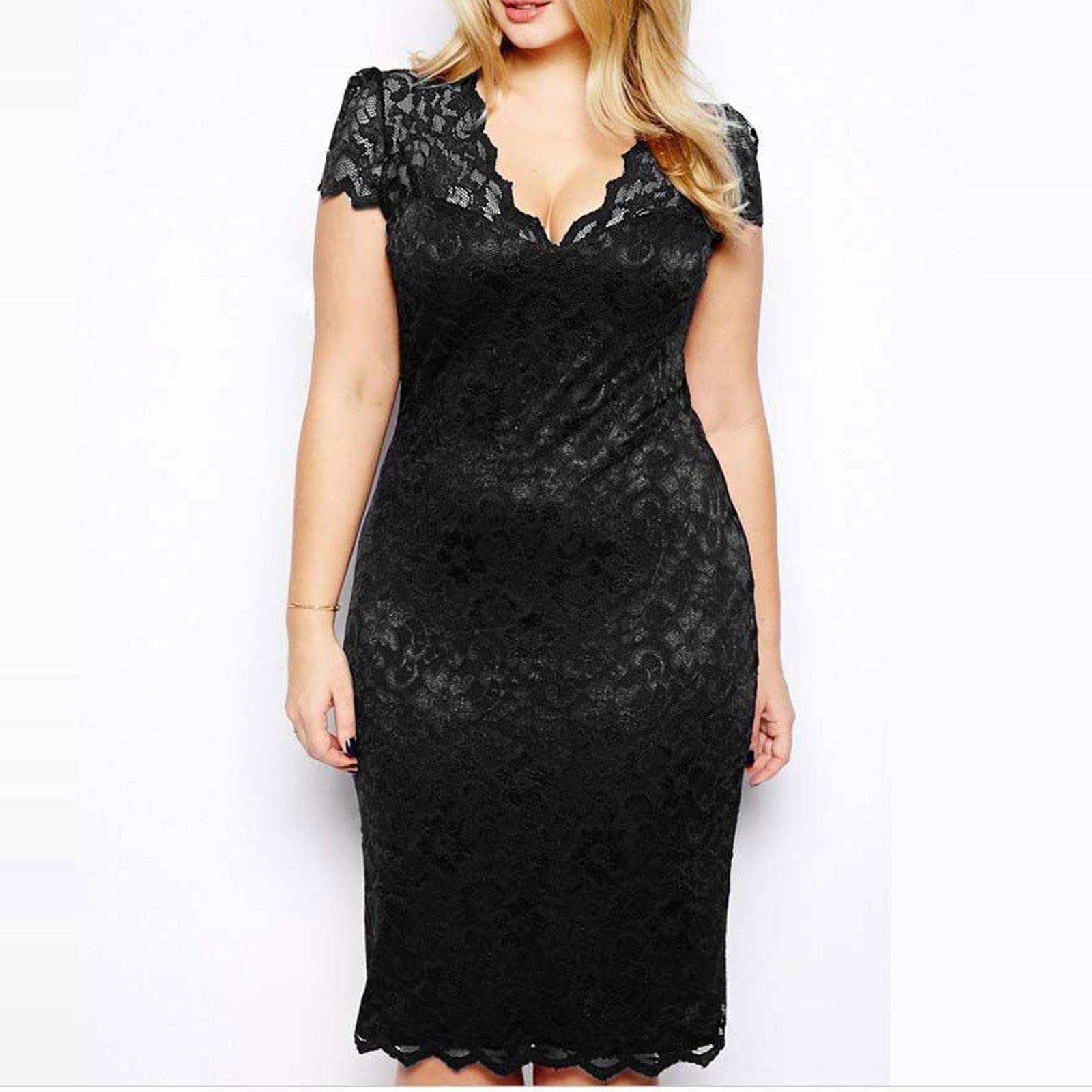 

Fashion Women Sexy Plue Size Short Sleeve V-Neck Lace Hollow Out Dress XXXXL чёрный