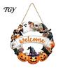 Fall Front Porch Signs Halloween Wooden Wreath Door Hanger Sign, Pumpkin Ghost Black Cat Witch Weatherproof Wall Decorations Bat Patterns, Hanging