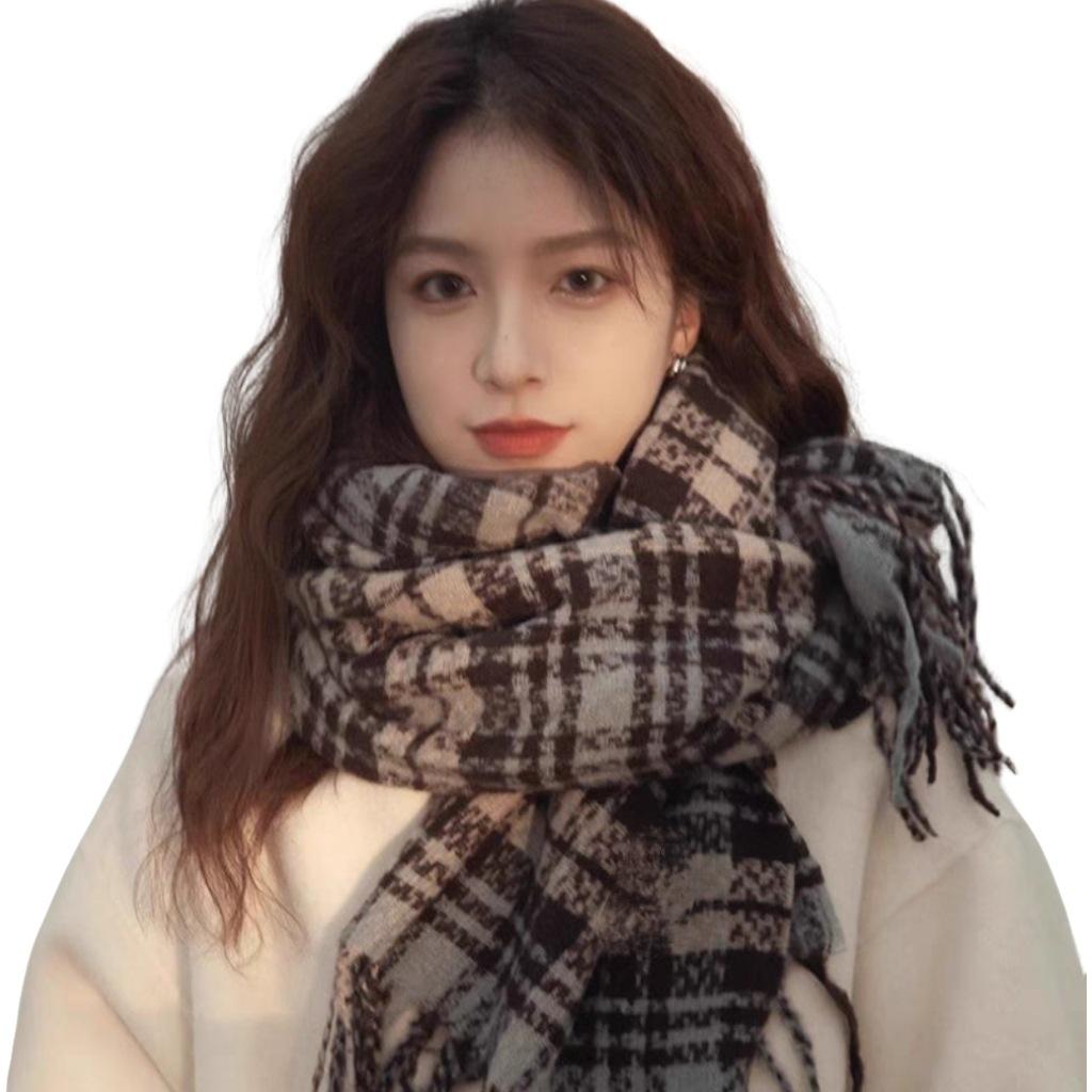 Retro Plaid Scarf Women's Winter New Rose Pink Scarf Autumn and Winter Atmosphere Sense of Advanced Sense of Versatile Tide