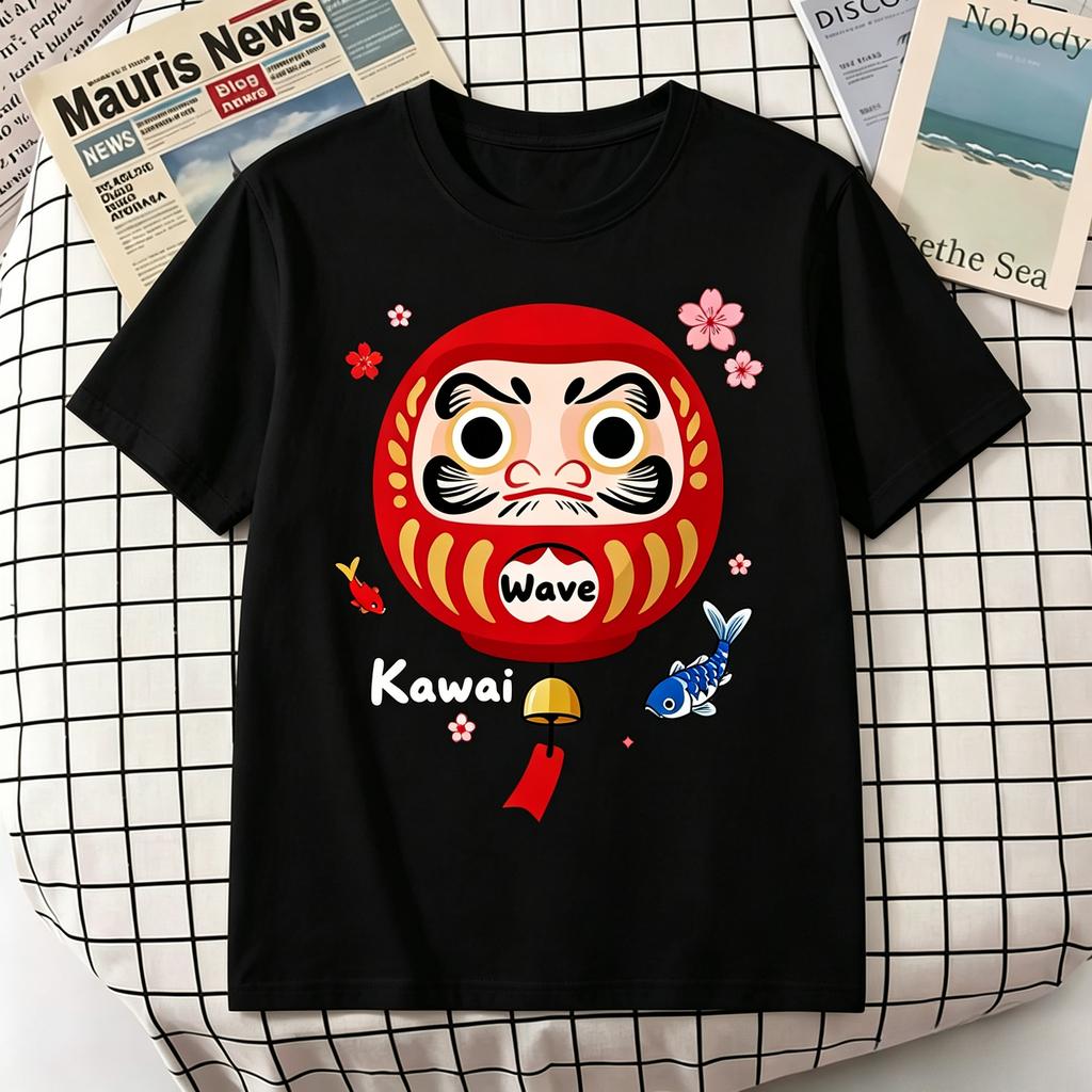Kawaii Japan Style Daruma Lucky Doll Goldfish Cherry Blossom Graphic Unisexs Pure Cotton Loose Streetwear Tops