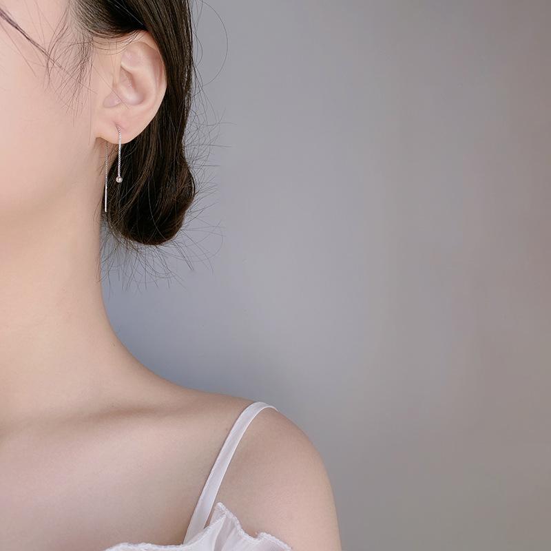 S925 Silver Smooth Sphere Long Drop Earrings Minimalist Chic Slimming Dangle Earrings For Women Elegant Jewelry