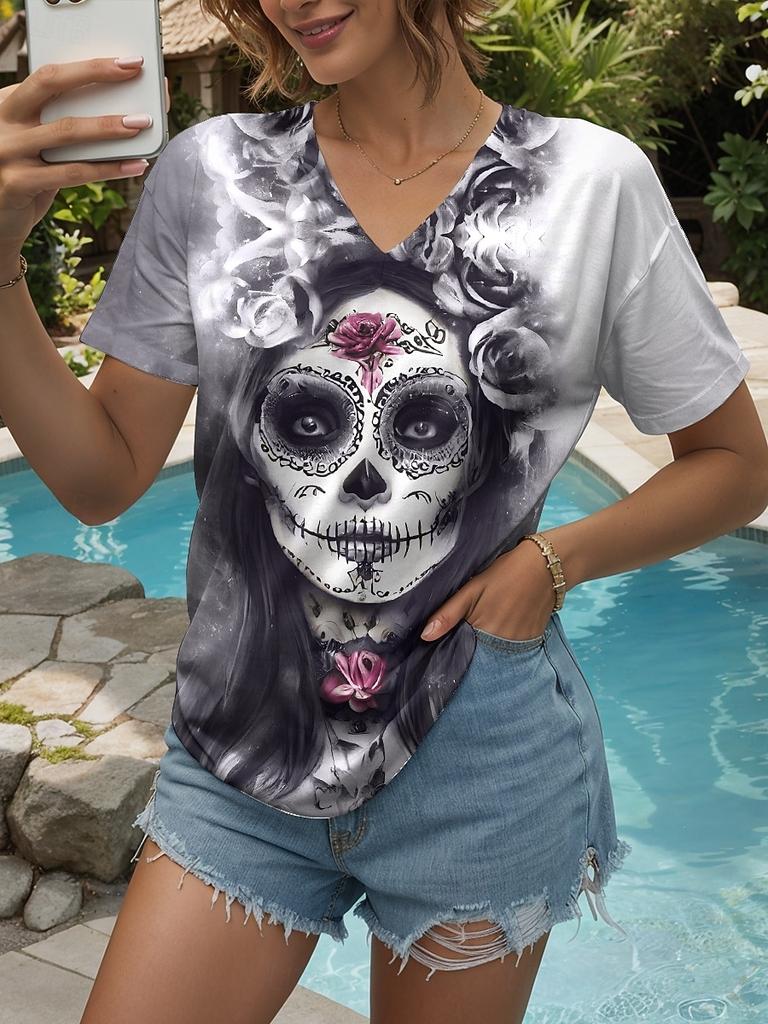 Halloween Women's T Shirt Skulls Floral Graphic Vintage Stylish Classic Short Sleeve V Neck Regular Tops Daily Print Black Orange Gray Summer Spring