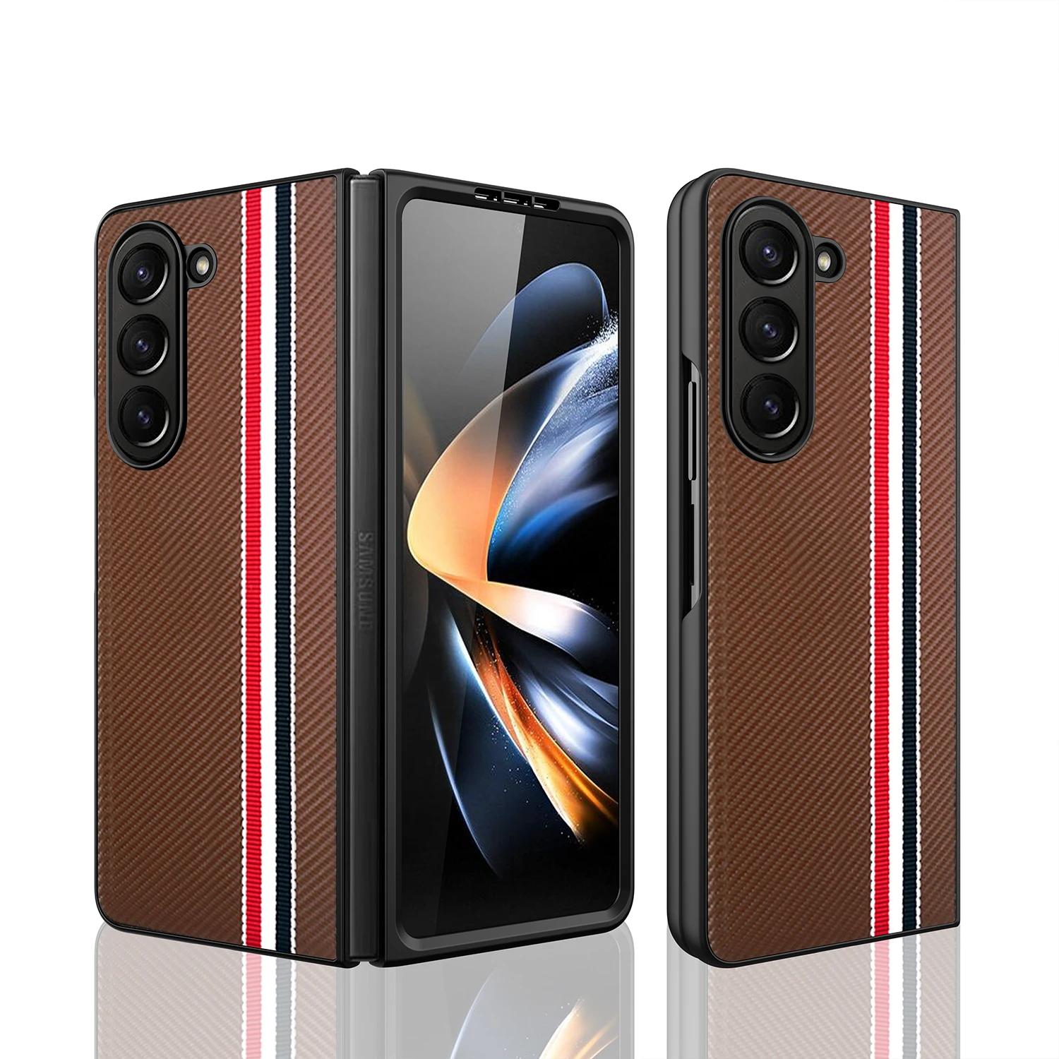 

Классический полосатый матовый чехол с текстурой из углеродного волокна для Samsung Galaxy Z Fold 5 4, складной противоударный чехол с полной защитой, твердый чехол, аксессуар for Galaxy Z Fold 5 коричневый