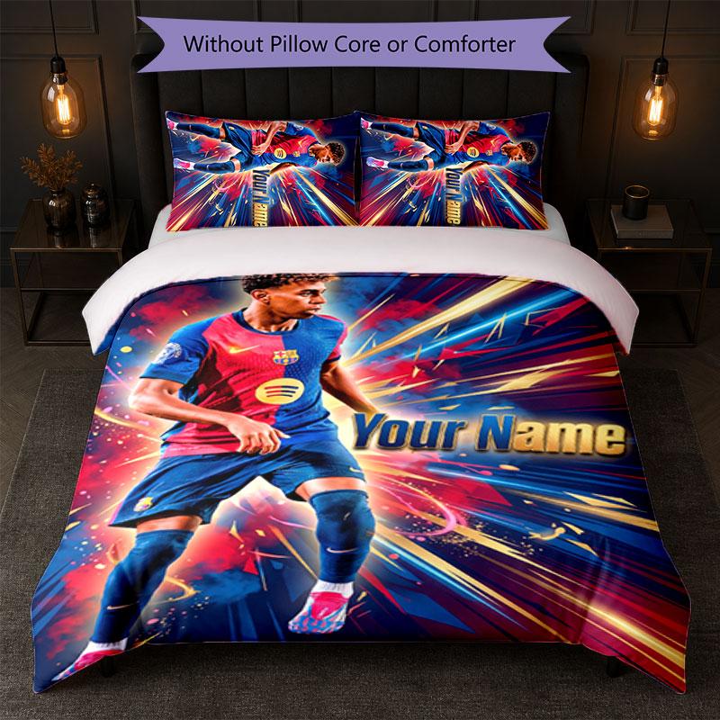 Lamine Yamal Custom Name Text Bedding Set 1 Duvet Cover+2 Pillowcases Soccer Logo Personalized Gift For Special Occasion Bedroom Decor