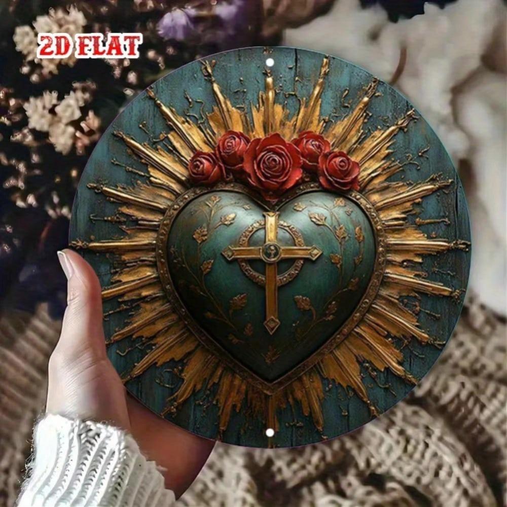 Vintage Metal Wall Art Sacred Heart Cross Sign Rustic Rose Decor for Home Cafe