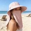 Sun Hat Detachable Face Guard Shawl 3-in-1 Oversized Sun Protection Hat with Anti-UV Fabric Breathable Ponytail Hole Outdoor