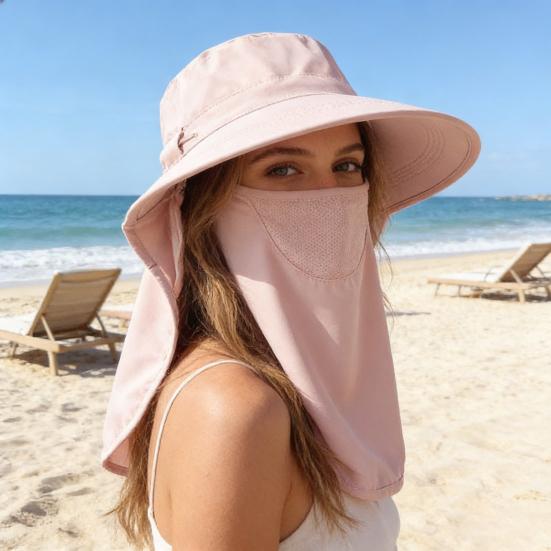 Sun Hat Detachable Face Guard Shawl 3-in-1 Oversized Sun Protection Hat with Anti-UV Fabric Breathable Ponytail Hole Outdoor