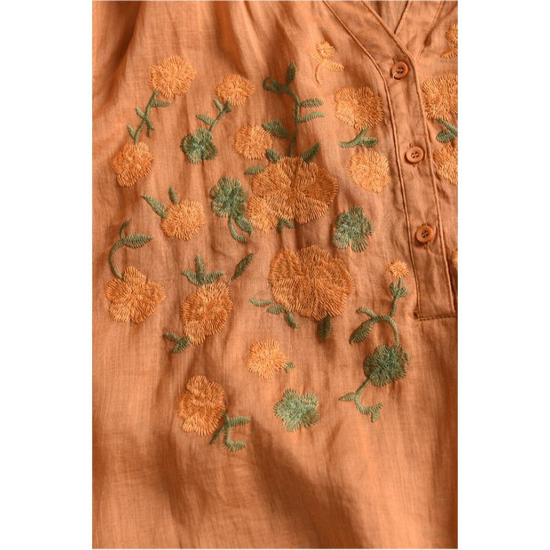 DIMANAF 2025 Summer Plus Size T-Shirt Women Embroidery Short Sleeve V-Neck Vintage New Loose Tops Tees Maxi