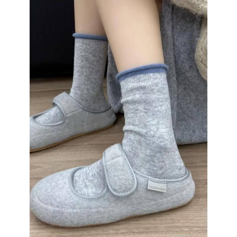 Grey Socks, Women's Autumn and Winter Pure Cotton Mid-calf Socks, Thickened Warm Wool Long Socks, Rolled-up Pile Socks, Winter