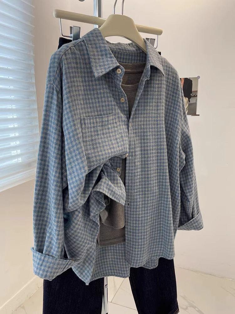 Women's Retro Brushed Blue Plaid Shirt Jacket – Thick, Loose Casual Outerwear for Autumn/Spring