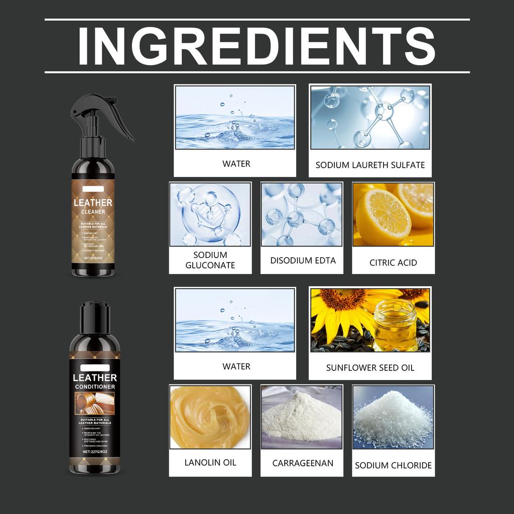 Sada na čištění a kondicionér kůže 227 ml, 4dílná sada s nejlepším čističem kůže pro pohovky, křesla, židle, nábytek, koženou obuv a interiéry automobilů