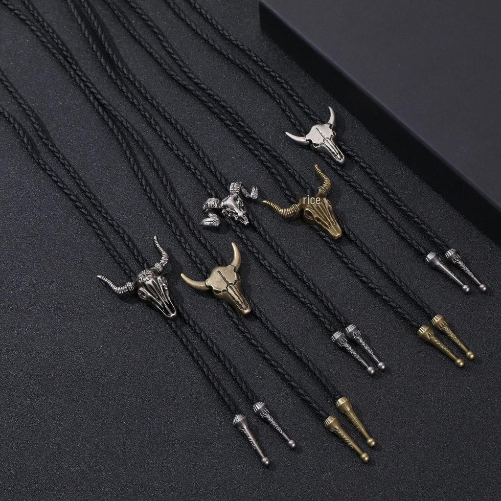 European & American Retro Bull Head Necklace Choker - PU Alloy Bolo Tie for Sweaters & Shirts
