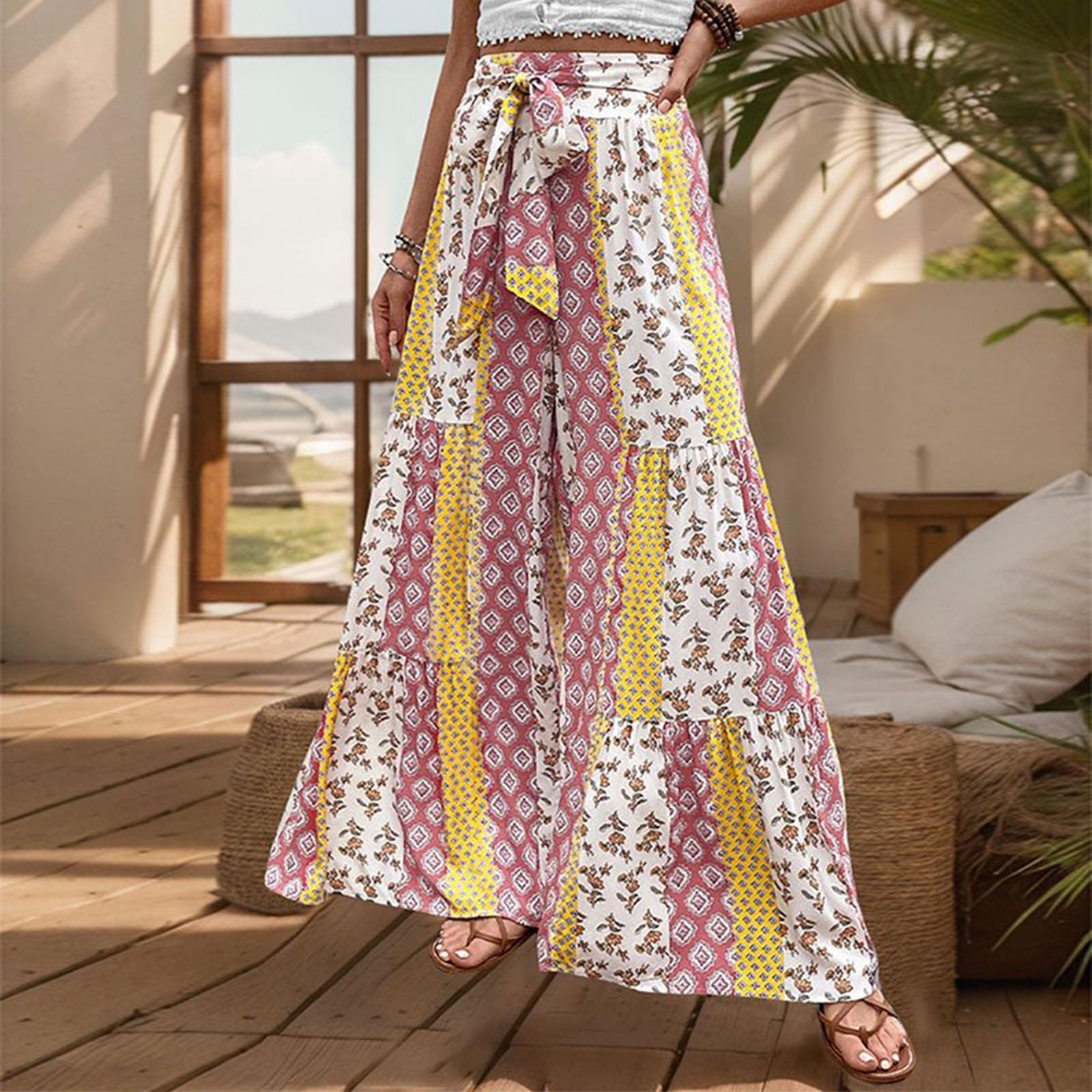 

Женские брюки с высокой талией, на шнуровке, свободные, летящие, пляжные, модные, ретро, в богемном стиле, с цветочным принтом, широкие штанины XL жёлтый