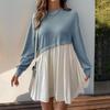 Women Long Sleeve A Line High Waist Pleated Color Block O Neck Long Dress Spring Summer