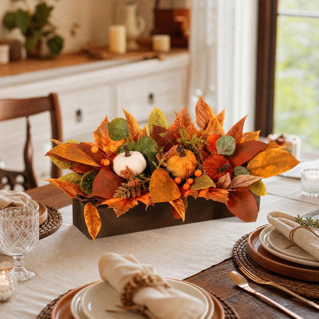 Artificial Potted Plant with Pumpkin and Maple Leaves for Thanksgiving Home Decor