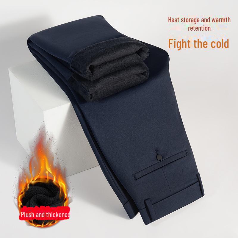 Men's Anti-Wrinkle Straight-Leg Business Trousers with Slight Stretch and Warm Plush Lining